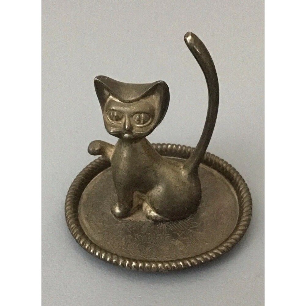 Vintage Silver-Plated Cat Ring Holder And Jewelry Plate - 3.5" Tall READ